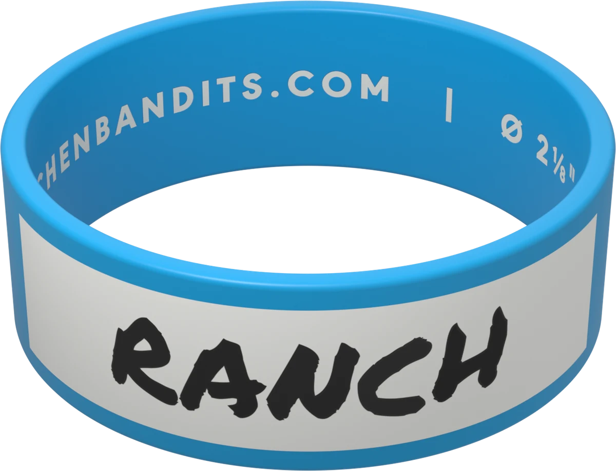 Blue Kitchen Bandits silicone bottle band, hand-labeled in marker