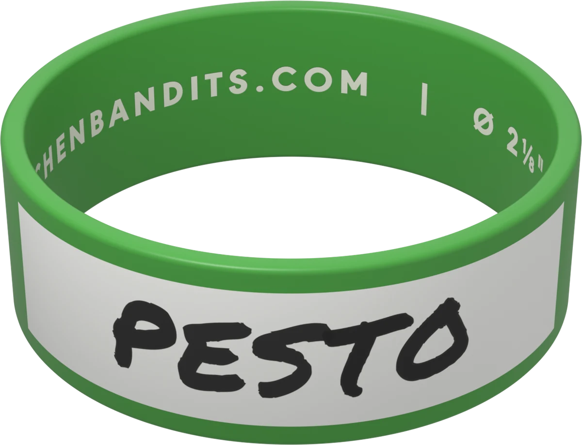 Green Kitchen Bandits silicone bottle band, hand-labeled in marker