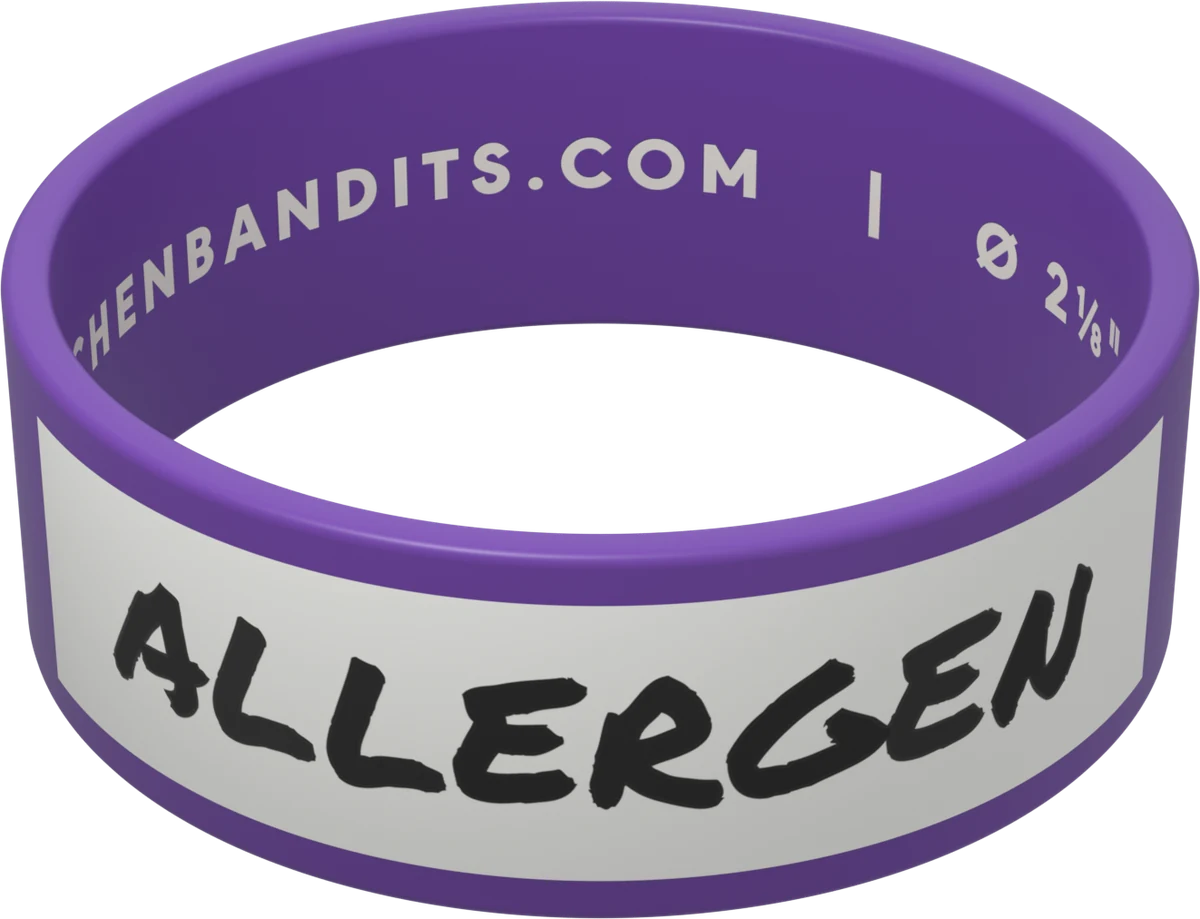 Purple Kitchen Bandits silicone bottle band, hand-labeled ALLERGEN in marker