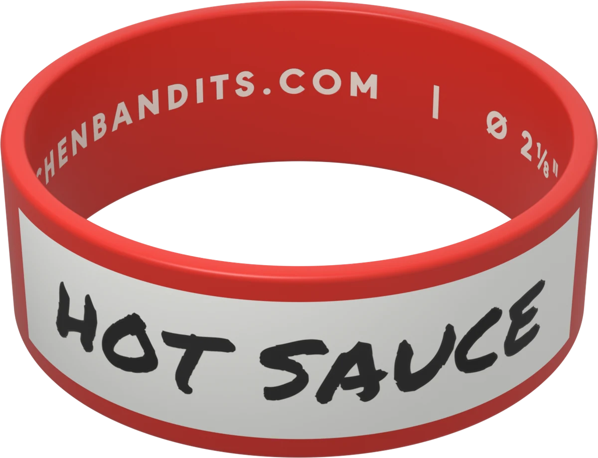 Red Kitchen Bandits silicone bottle band, hand-labeled in marker