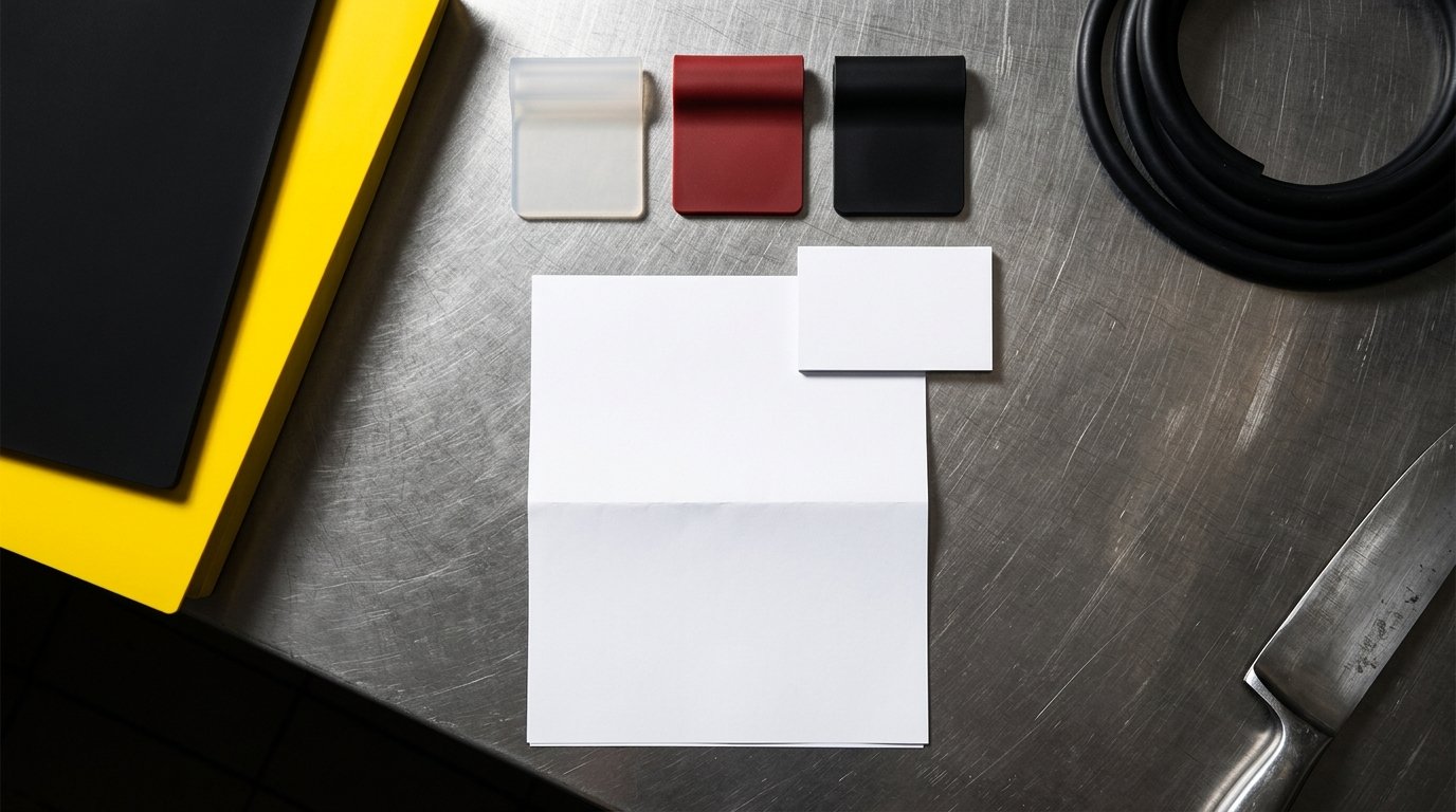 Food-grade silicone samples alongside certification reference documents on a stainless counter