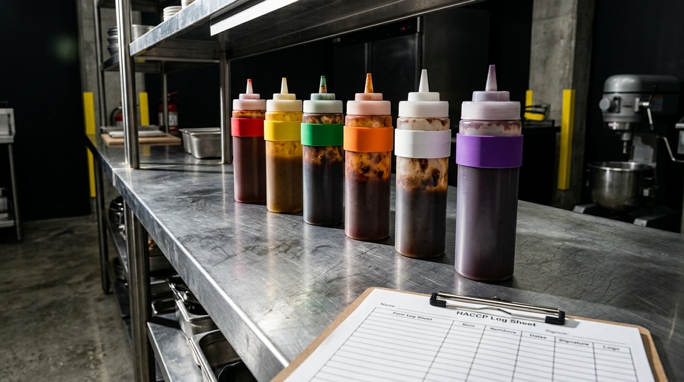 Squeeze bottles arranged by sauce type with colour-coded bands, dates written clearly, on a stainless prep shelf