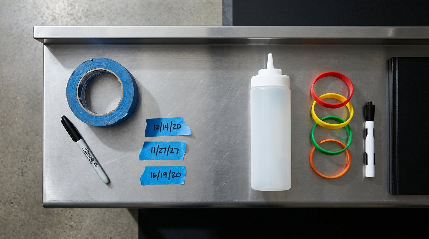 Roll of blue painter's tape next to a stack of colour-coded silicone bands on a stainless prep counter