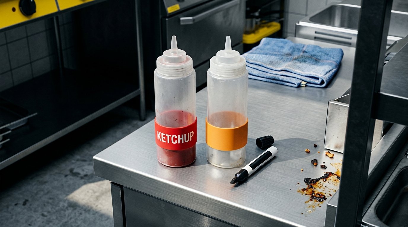 Two 24oz squeeze bottles on a stainless prep counter — one with a pre-printed red silicone band reading 'KETCHUP', one with a blank orange band and a dry-erase marker beside it