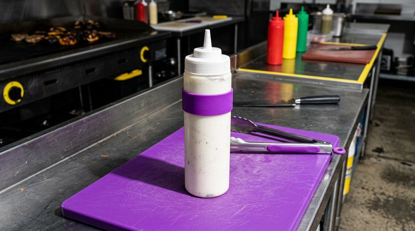 Purple silicone band on a 24oz squeeze bottle separated from other squeeze bottles on a dedicated allergen prep station