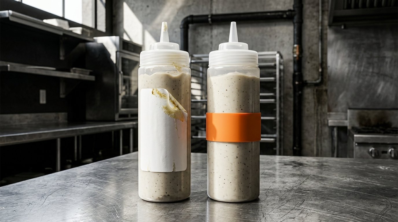 Two 24oz squeeze bottles side by side — one with a vinyl label peeling at the corner with visible adhesive residue, one with a clean intact silicone band