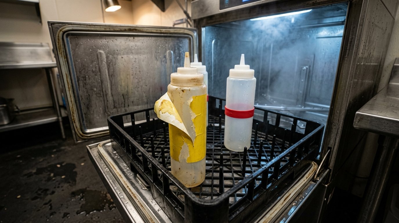 Commercial dishwasher rack with squeeze bottles, peeling vinyl labels, and intact silicone bands mid-cycle