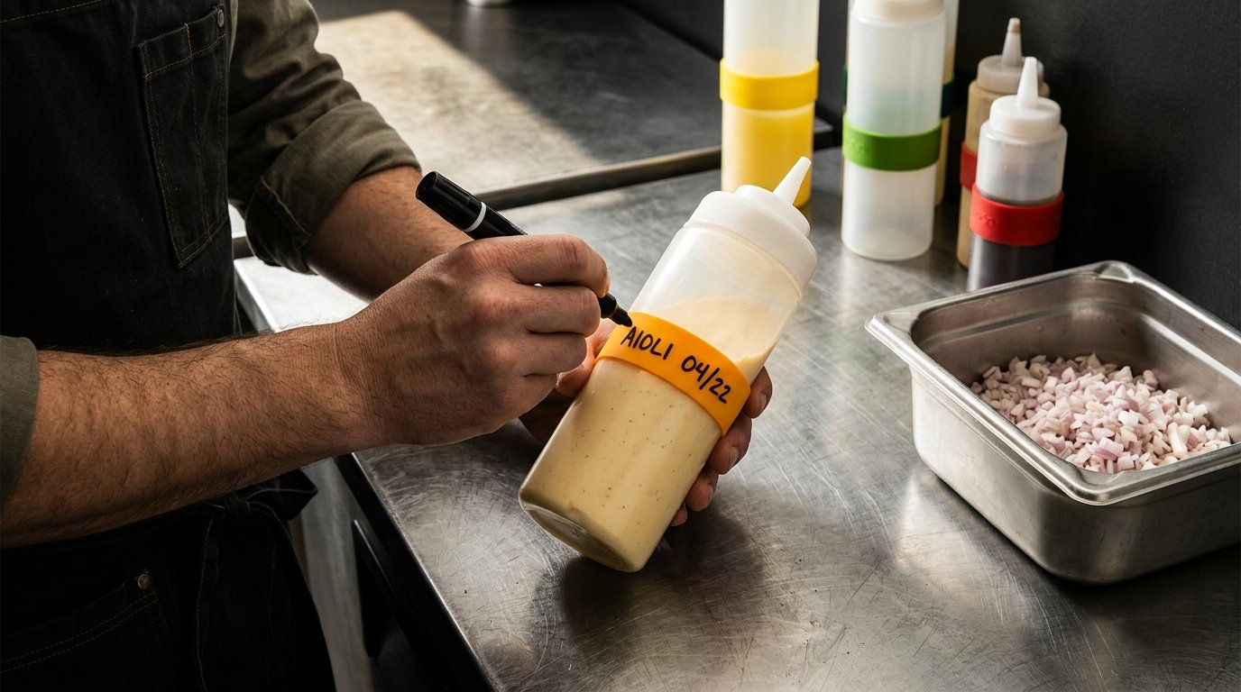 A chef's hand writing on an orange silicone band wrapped around a squeeze bottle at a prep station