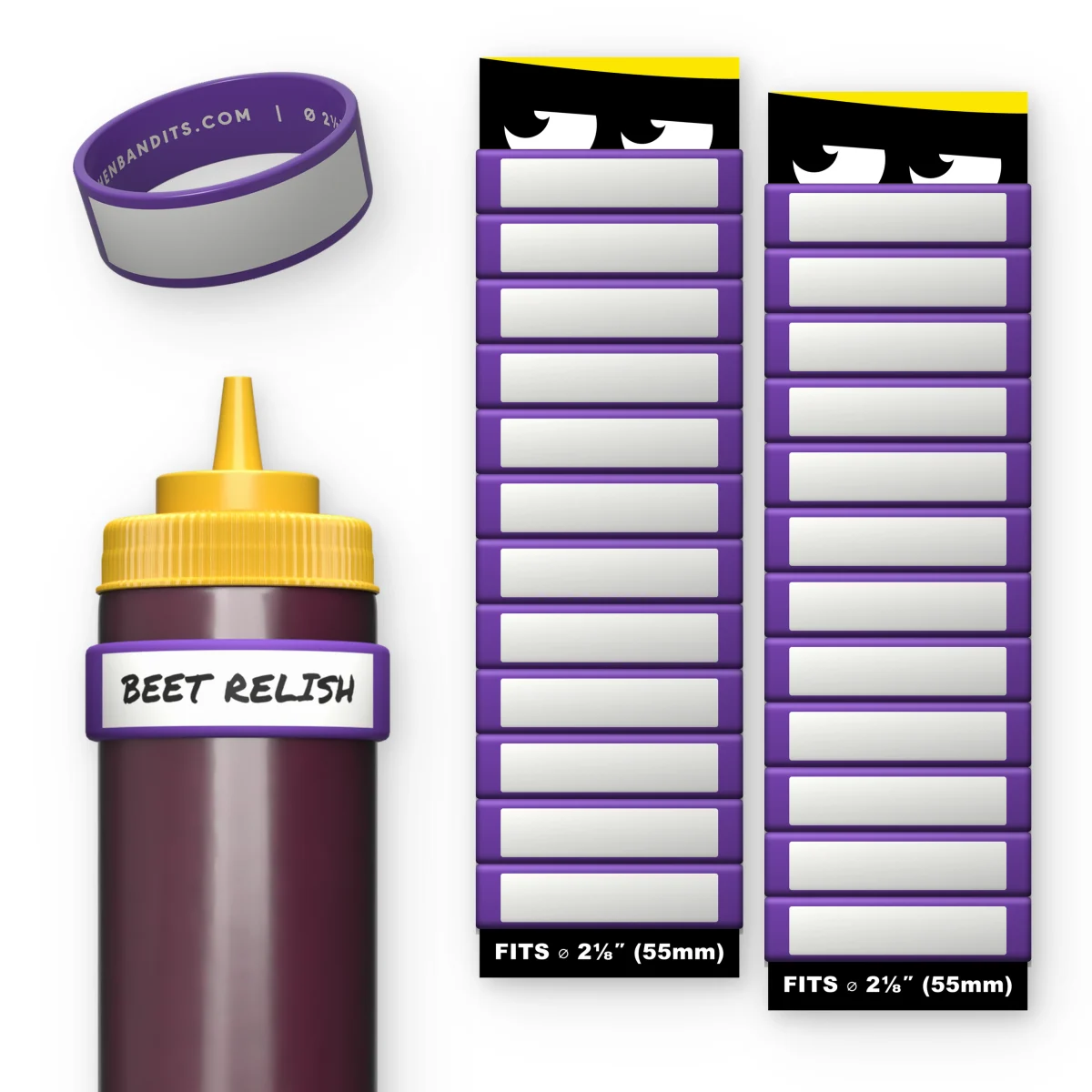 Purple Kitchen Bandits silicone bottle bands, 24-pack, 55