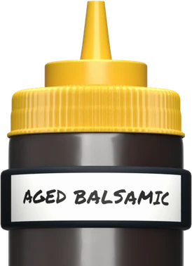 Squeeze bottle of aged balsamic wearing a black Kitchen Bandits band