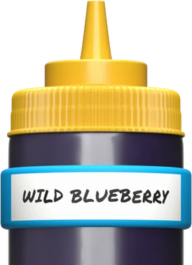 Squeeze bottle of wild blueberry wearing a blue Kitchen Bandits band