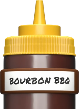 Squeeze bottle of bourbon bbq wearing a brown Kitchen Bandits band