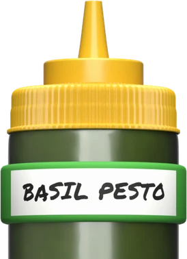 Squeeze bottle of basil pesto wearing a green Kitchen Bandits band