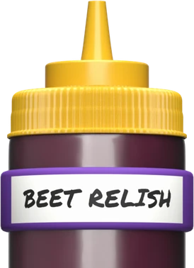 Squeeze bottle of beet relish wearing a purple Kitchen Bandits band