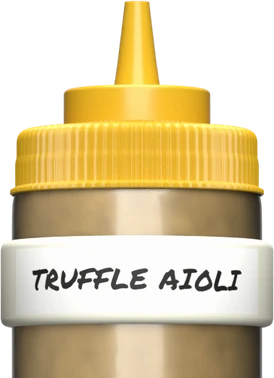 Squeeze bottle of truffle aioli wearing a white Kitchen Bandits band