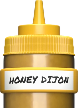 Squeeze bottle of honey dijon wearing a yellow Kitchen Bandits band
