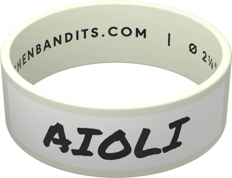 A white Kitchen Bandits band labelled AIOLI, beaded with water, the marker still crisp