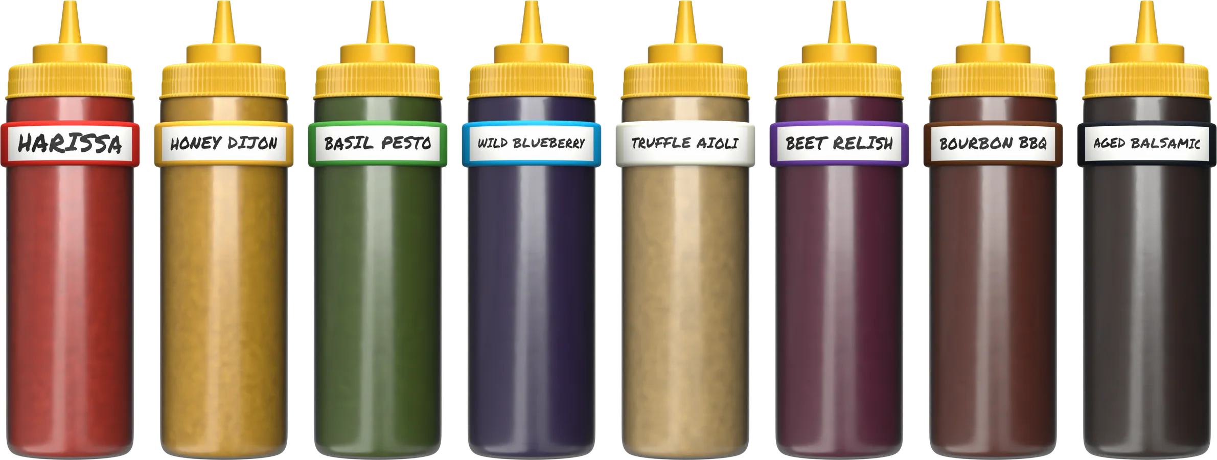 Eight squeeze bottles in a row, each wearing a different colour Kitchen Bandits band hand-labelled with the sauce inside: harissa, honey dijon, basil pesto, wild blueberry, truffle aioli, beet relish, bourbon BBQ, aged balsamic