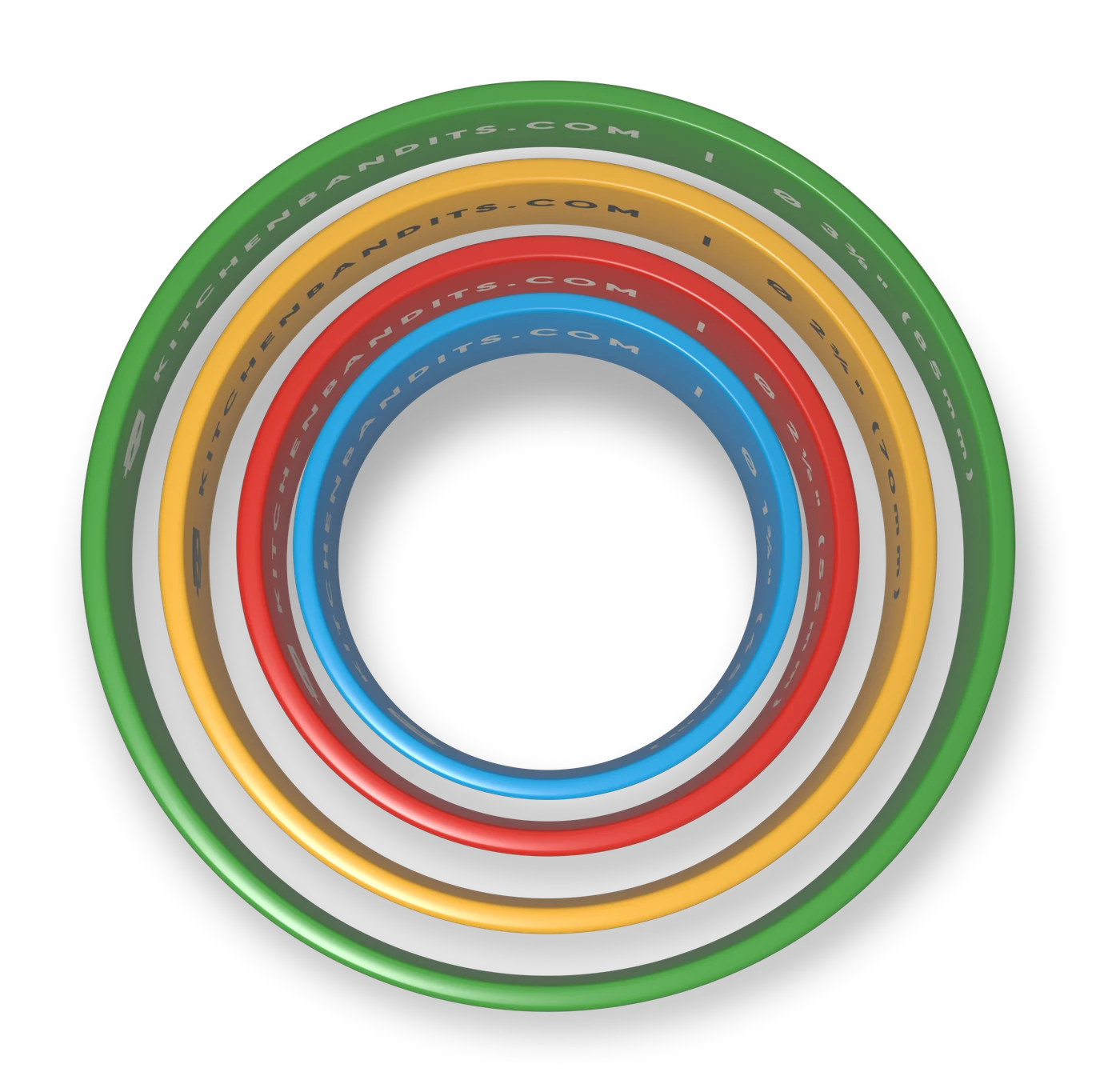 The four Kitchen Bandits band sizes nested inside one another at true relative scale: 3 3/8 inch green, 2 3/4 inch yellow, 2 1/8 inch red, and 1 3/4 inch blue