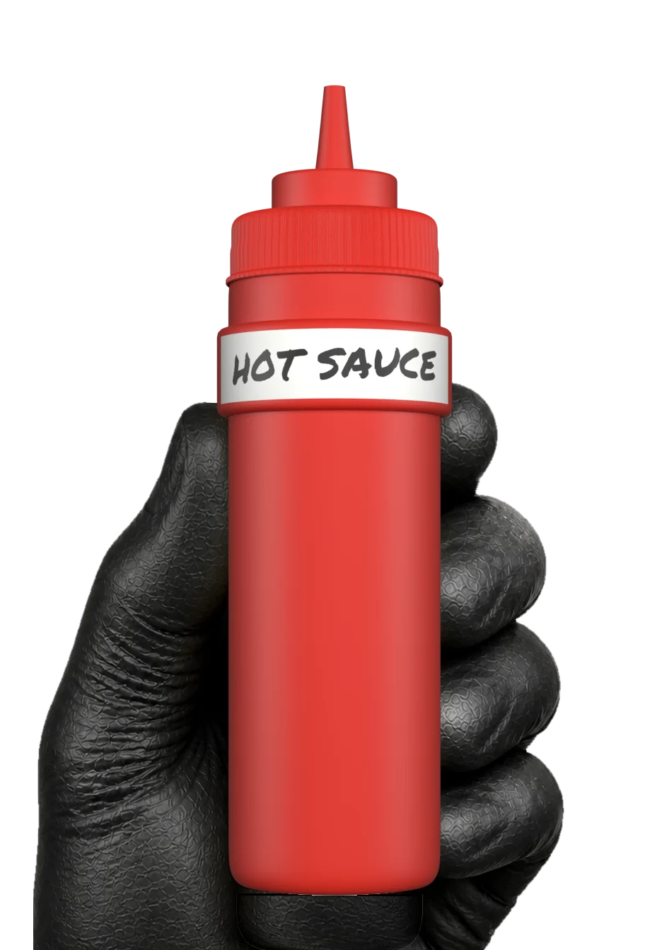 A gloved chef's hand holding the smallest Kitchen Bandits band on a red squeeze bottle labeled HOT SAUCE — the hand nearly wraps it, showing how small the 1 3/4 in (45mm) size is