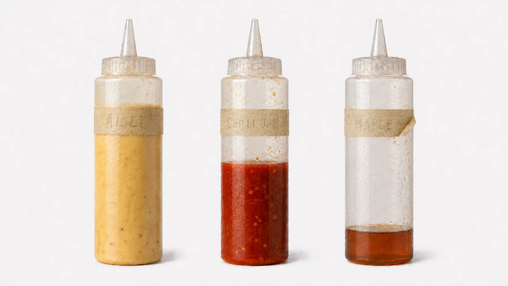 Three used squeeze bottles on a white prep bench, three-quarters full, half full, and nearly empty, with greasy masking tape and faded writing