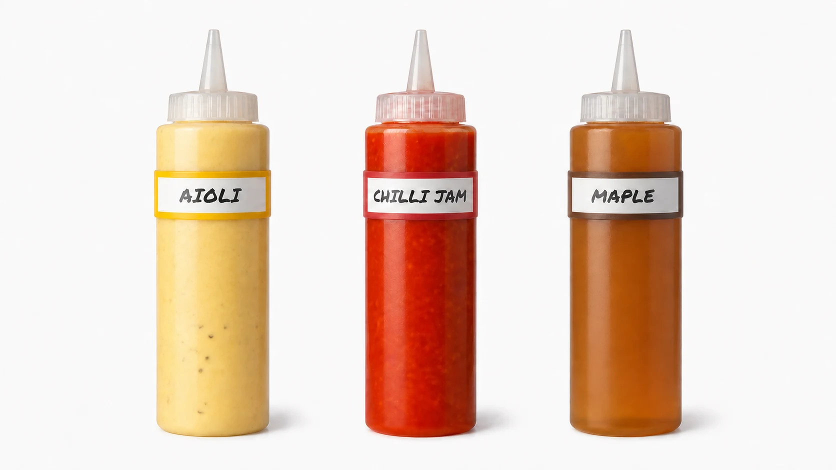 The same three squeeze bottles refilled and clean, wearing yellow, red, and brown Kitchen Bandits bands labeled AIOLI, CHILLI JAM, and MAPLE