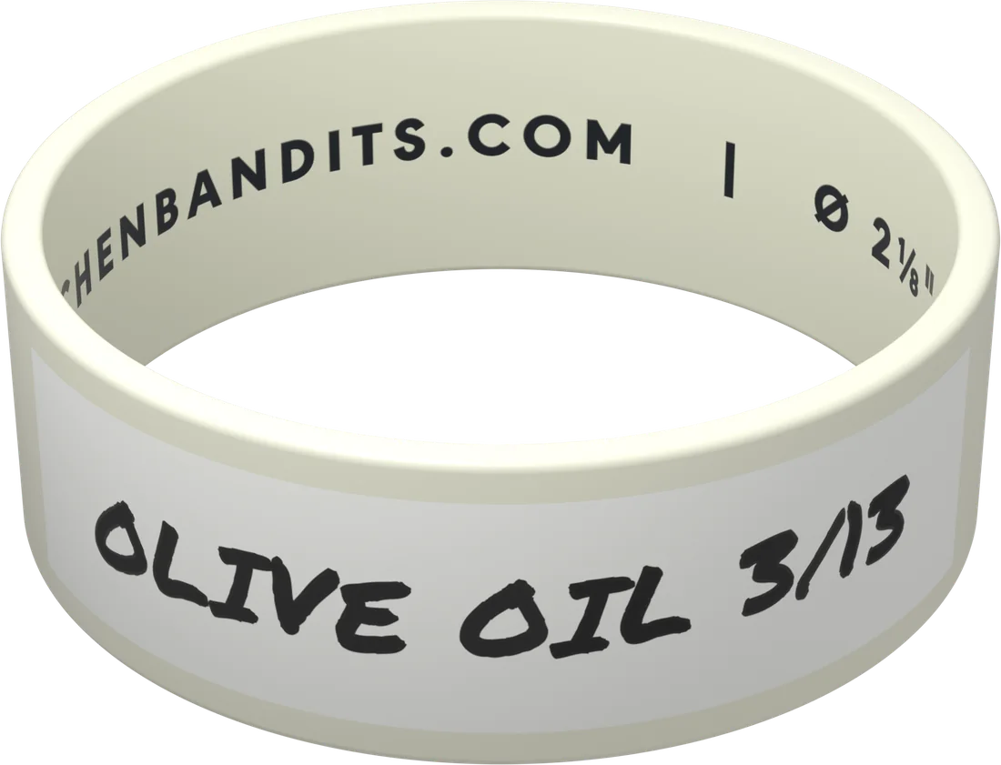 White band hand-labeled OLIVE OIL 3/13 in black marker