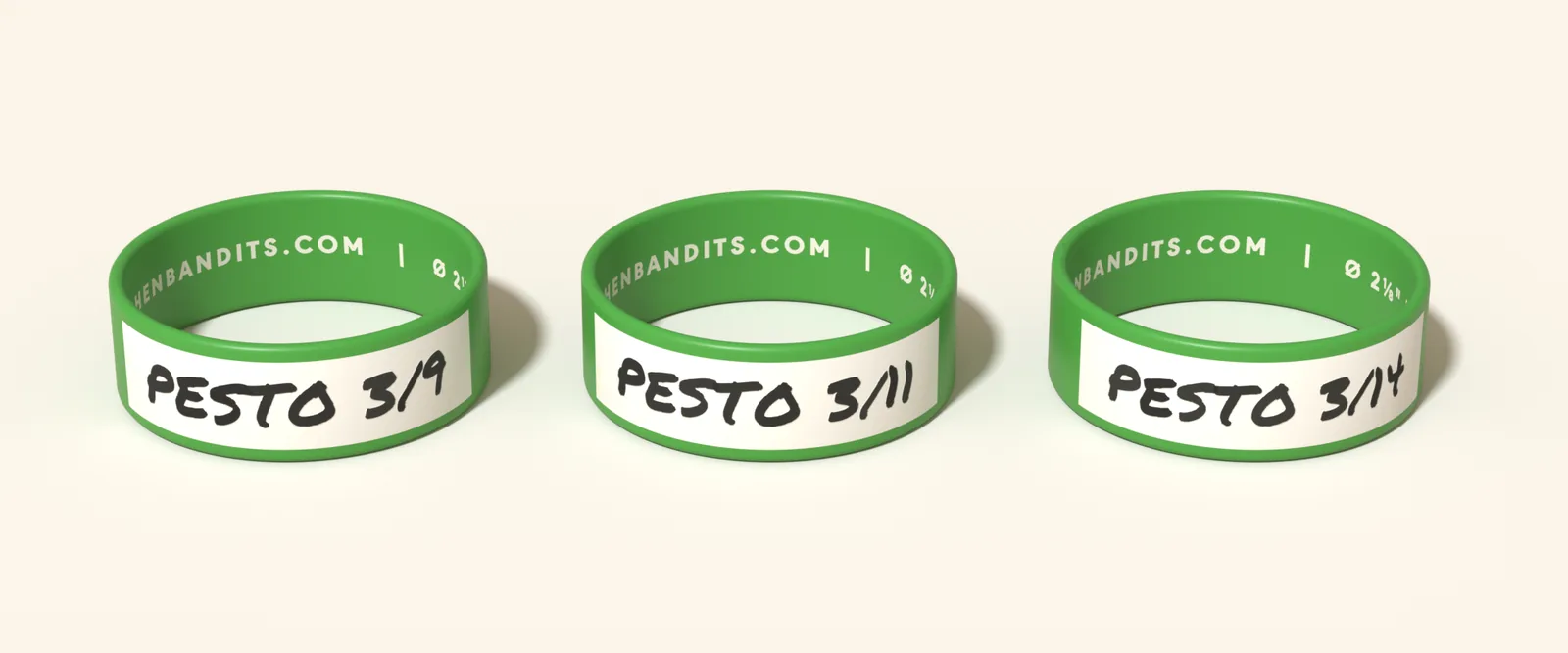 Three green bands labeled PESTO 3/9, PESTO 3/11 and PESTO 3/14