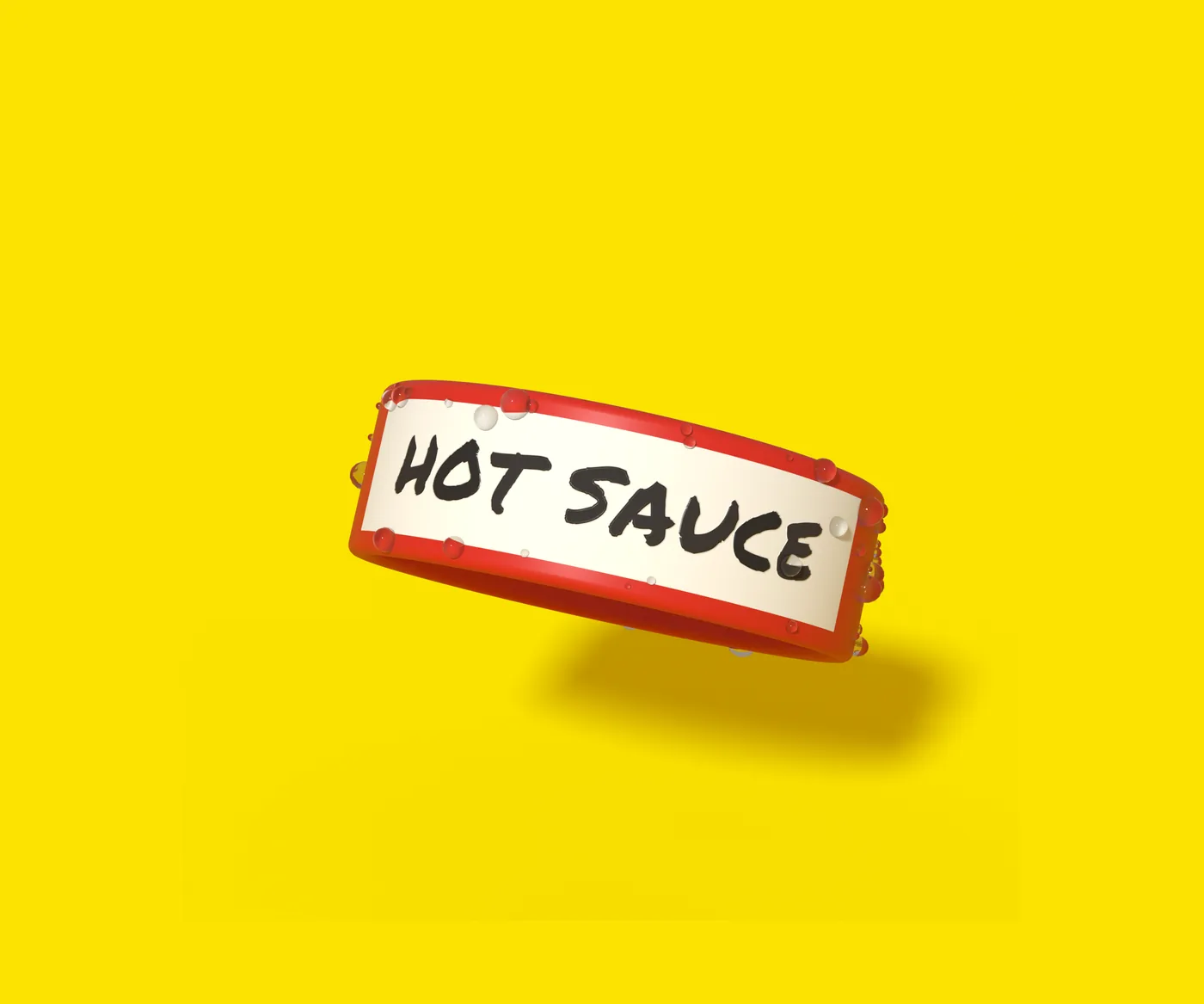 A red band hand-labeled HOT SAUCE with water droplets on it, on a yellow ground