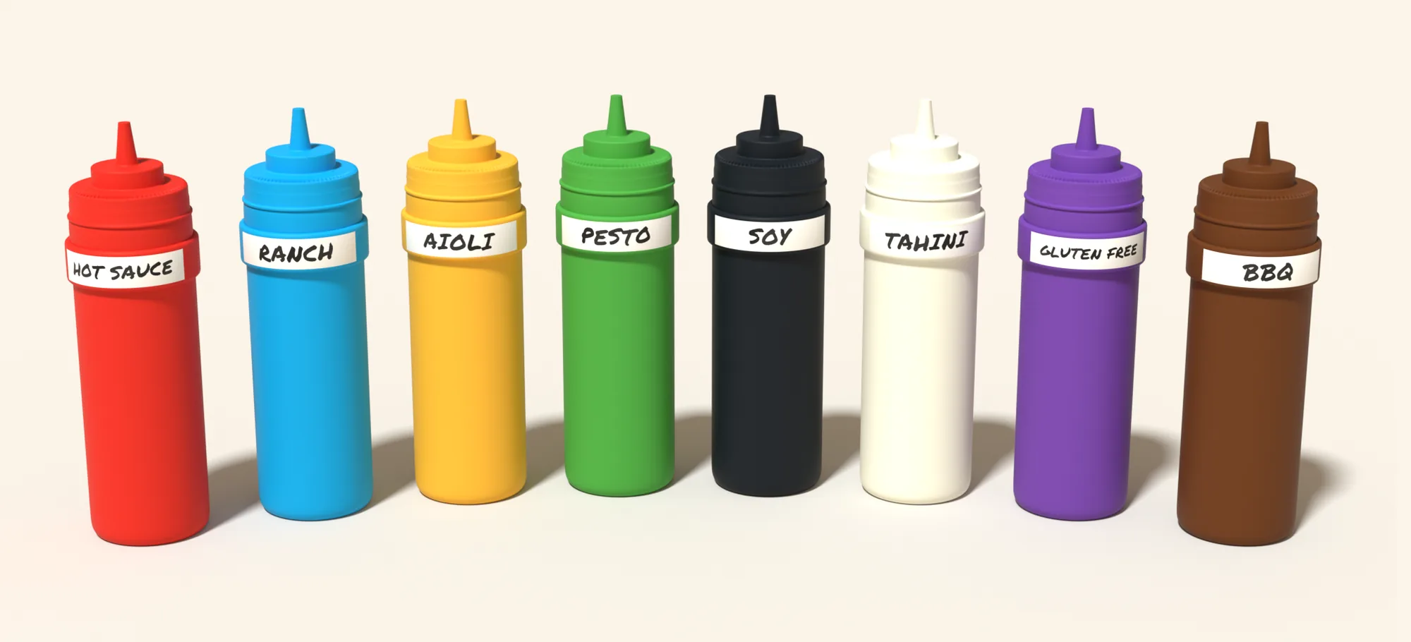Eight tone-on-tone squeeze bottles in a row, each wearing a matching band: HOT SAUCE, RANCH, AIOLI, PESTO, SOY, TAHINI, GLUTEN FREE and BBQ