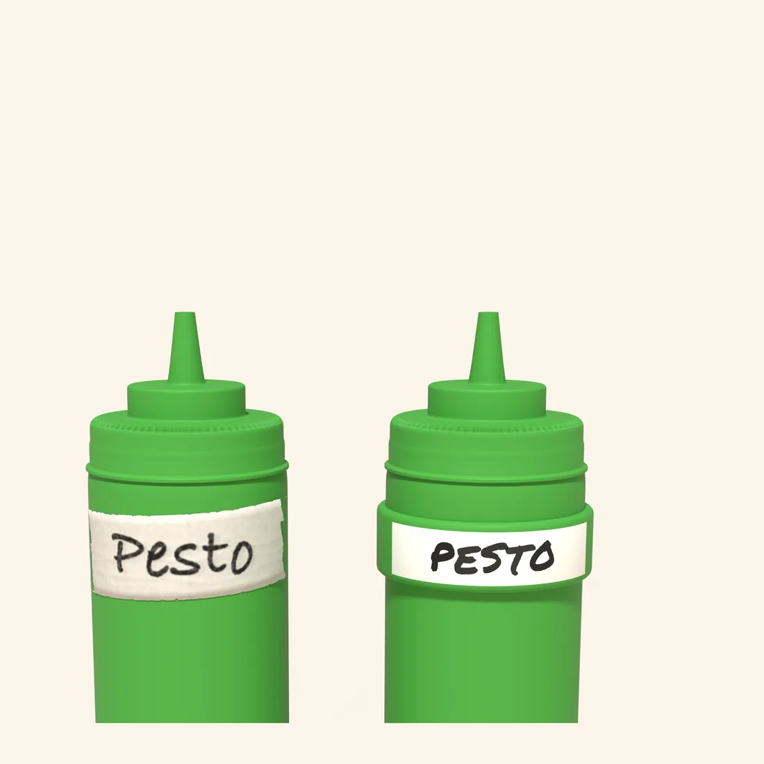 Two green squeeze bottles: one with PESTO on masking tape, one wearing a green band labeled PESTO